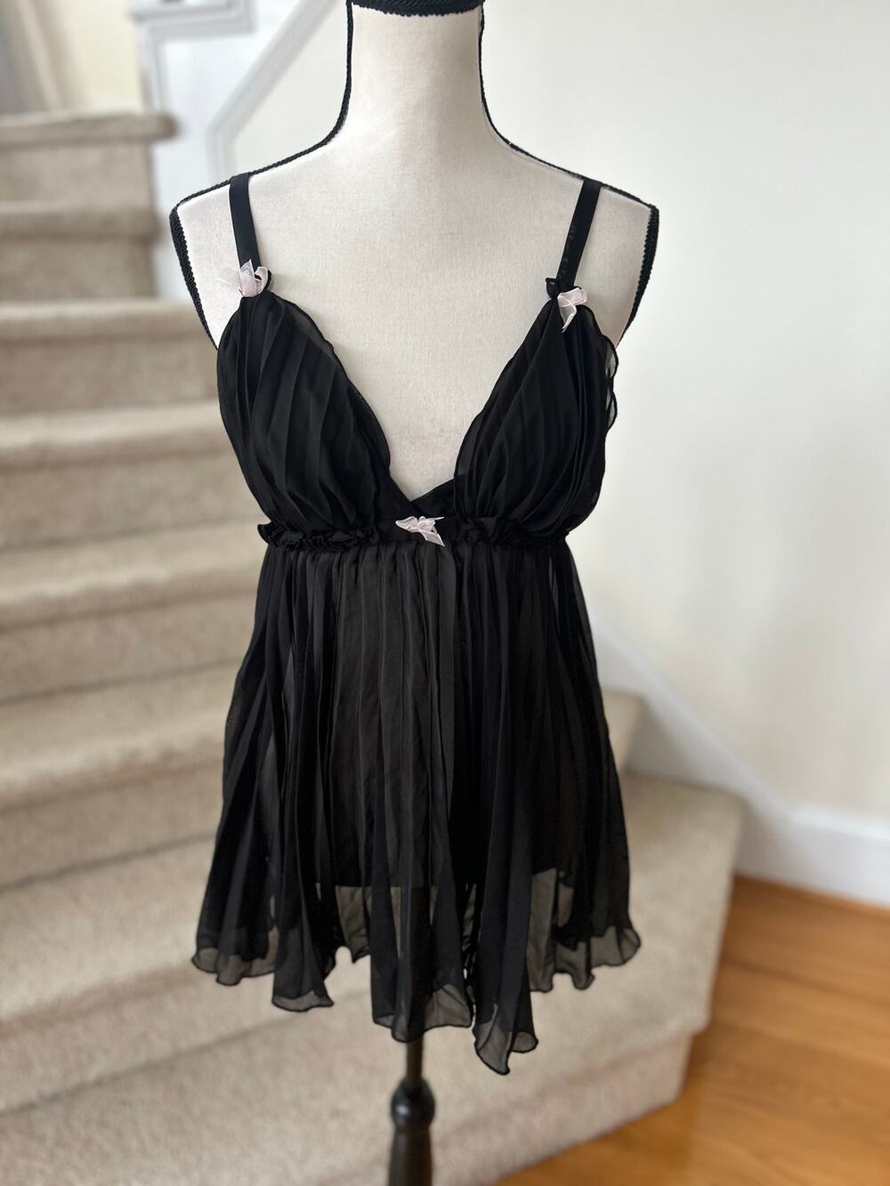 Dream Girls Sheer Black Pleated Pink Bow Slip Cami Tank Whimsygoth Coquette
